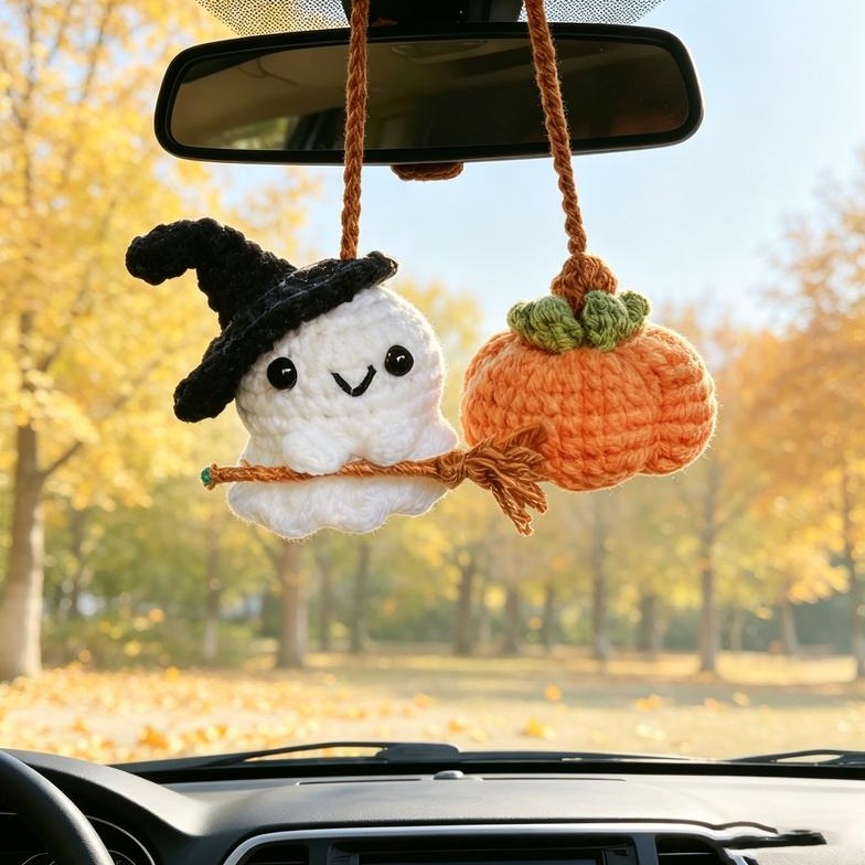 Halloween Car Charm - Hand-Crocheted Ghost